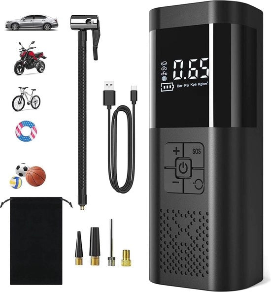 Compressore portatile per pneumatici auto e bicicletta - 12V, 6000 mAh, Senza fili, 150 PSI