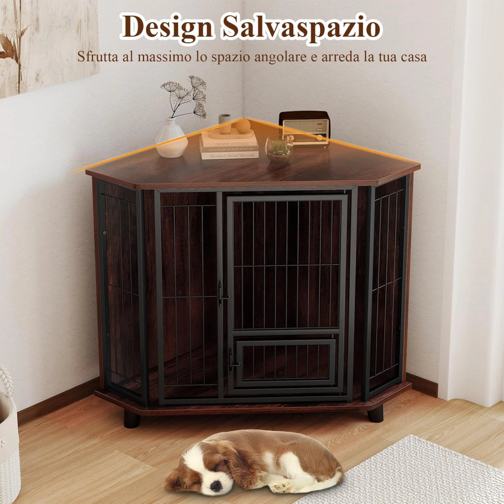 Cuccia per Cani Angolare, Gabbia Salvaspazio con Porta di Alimentazione, 3 Gambe in Legno di Gomma, Porta Serrabile e Ampio Piano di Lavoro, Tavolino Laterale per Cani Piccoli, Medi e Grandi