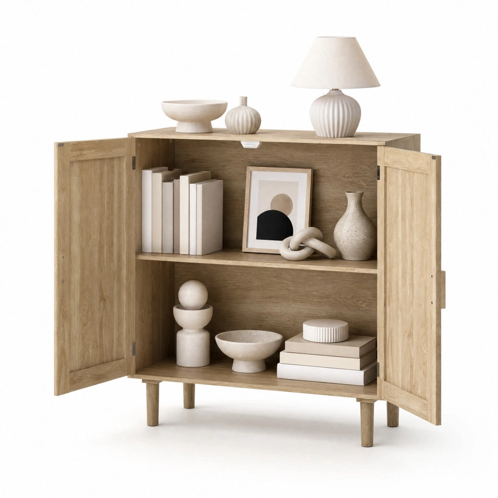 Armadio contenitore a due ante in rattan con maniglie in legno massiccio