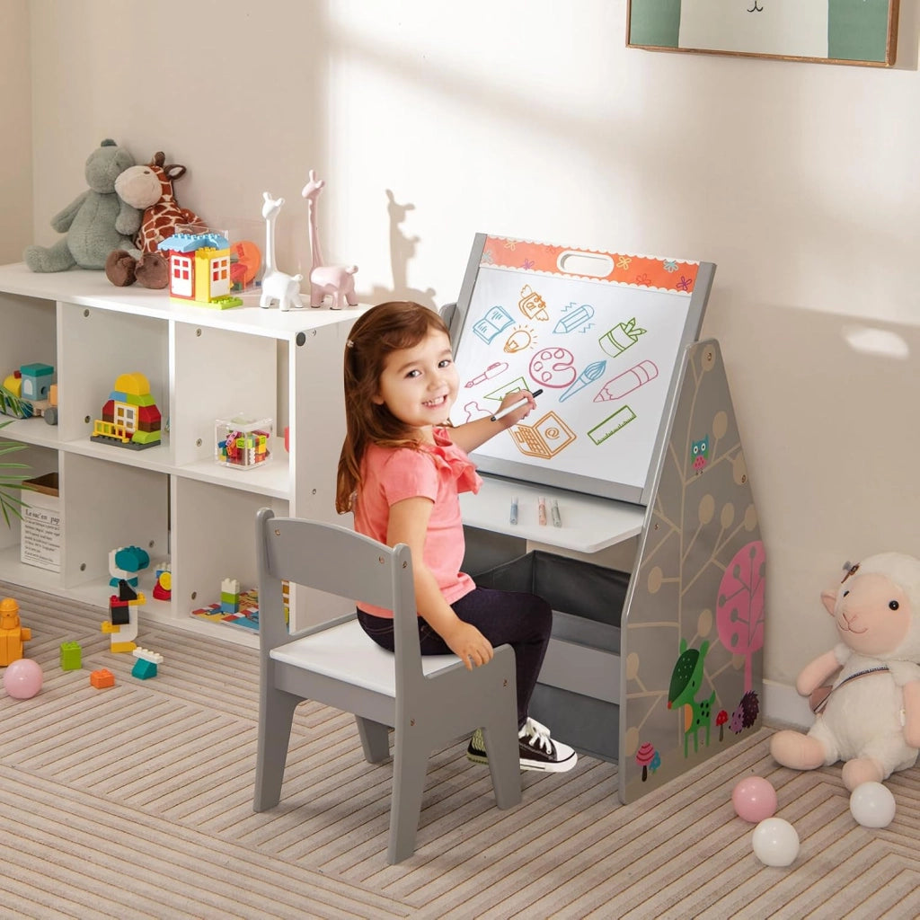Cavalletto per Bambini Doppio Lato, Set Tavolo e Sedia per Bambini con Lavagna Magnetica e Lavagna Bianca, Contenitore in Tessuto e Libreria(Grigio)