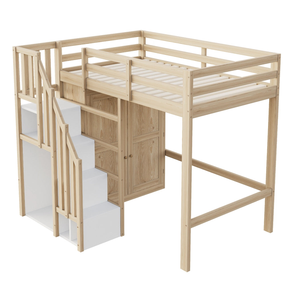 Letto a soppalco 90x200 cm in legno colore naturale con armadio e scala con spazio contenitivo