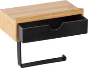 Sostegno per carta igienica in bamboe con piastra pratica, cassetta per asciugamani umidi, supporto per fissaggio alla parete, compreso materiale di fissaggio, 18,5 x 14 x 10,5 cm, natura/nero