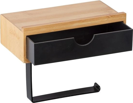 Sostegno per carta igienica in bamboe con piastra pratica, cassetta per asciugamani umidi, supporto per fissaggio alla parete, compreso materiale di fissaggio, 18,5 x 14 x 10,5 cm, natura/nero
