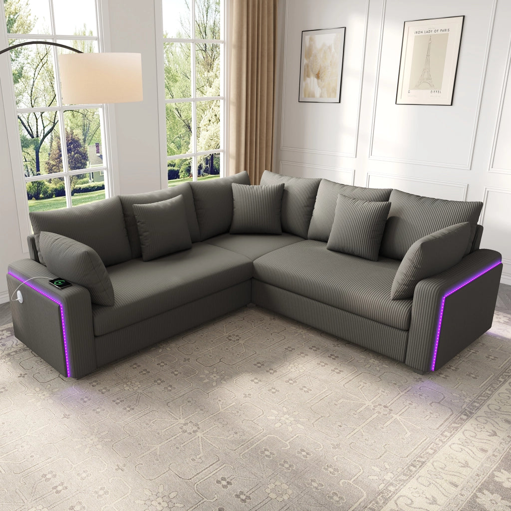 Divano angolare L 198x198 cm in corduroy grigio con LED; USB e USB-C