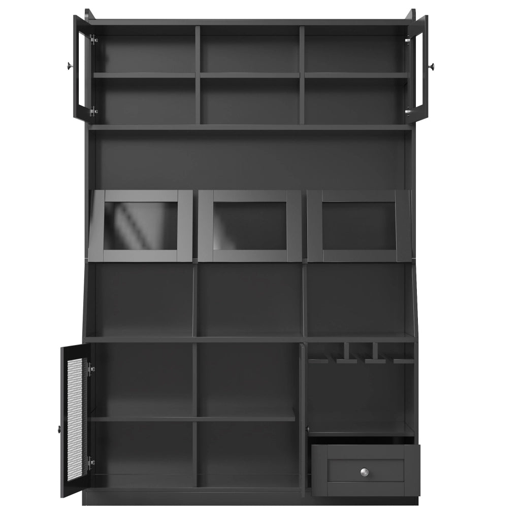 Credenza cucina 120x40x181.7 cm con luci LED multicolore; anta in vetro; MDF nero