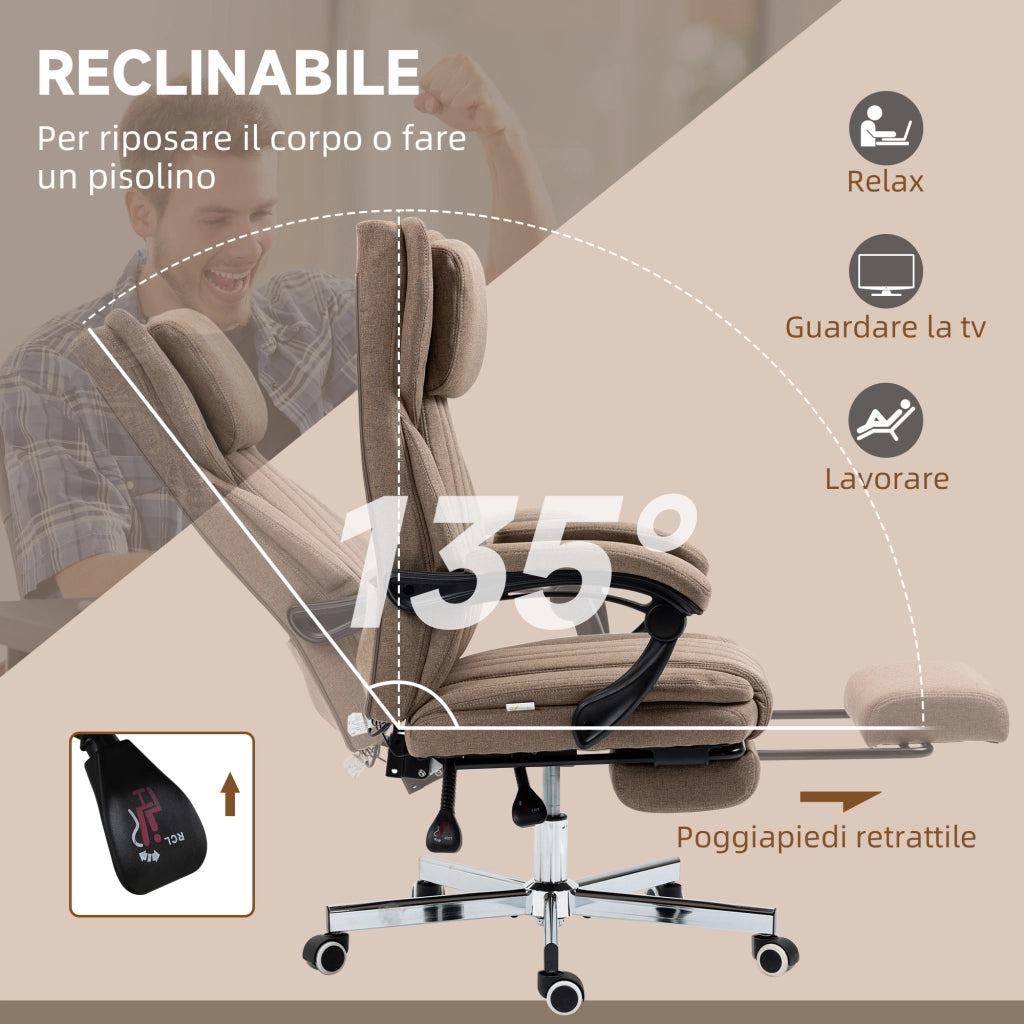 Sedia da Ufficio Massaggiante con Poggiapiedi e Telecomando, in Tessuto Effetto Lino, 65x61x108-118 cm, Marrone