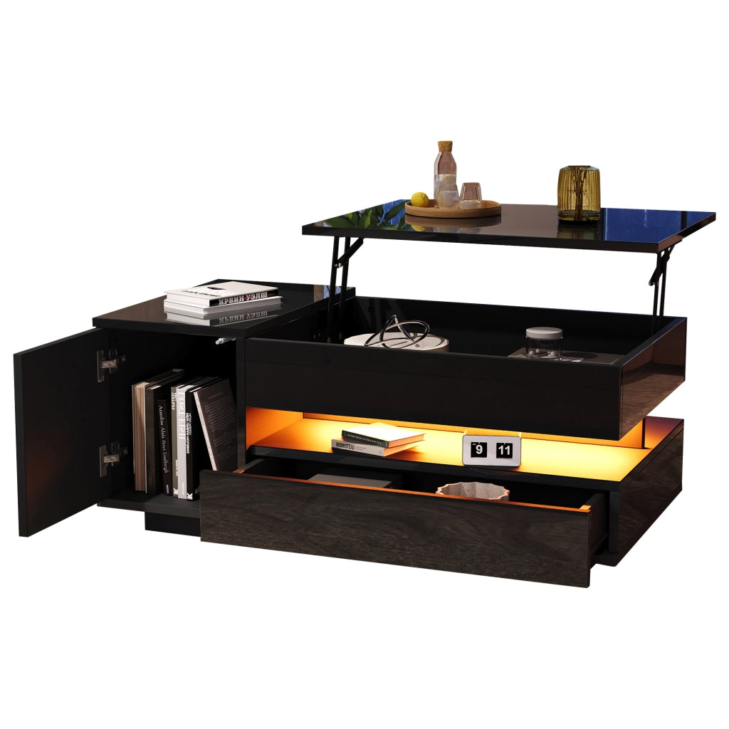 Tavolino da salotto 95x50x40 cm; piano sollevabile con LED e vani portaoggetti; truciolare; nero lucido