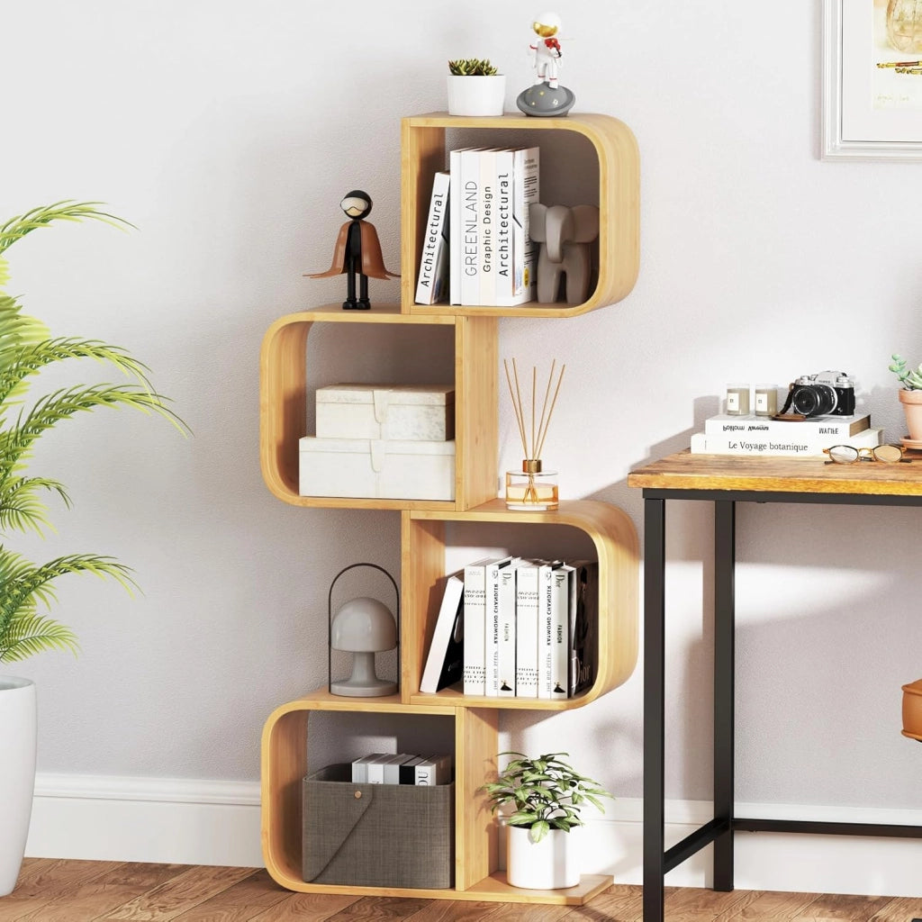 Libreria a Forma di S a 4 Cubi, in Bambù con Angoli Arrotondati e Dispositivo Anti-Ribaltamento, Scaffale Aperto per Soggiorno, Angolo e Camera da Letto (4 cubi)