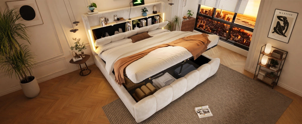 Letto contenitore 180 × 200 cm con LED, vano testiera, USB e Type-C, senza materasso, in velluto beige