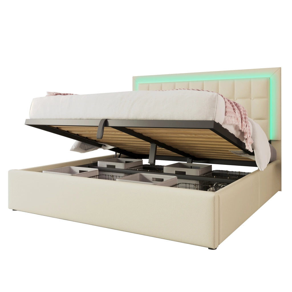 Letto matrimoniale in similpelle bianco 140x200 LED doghe vano senza materasso