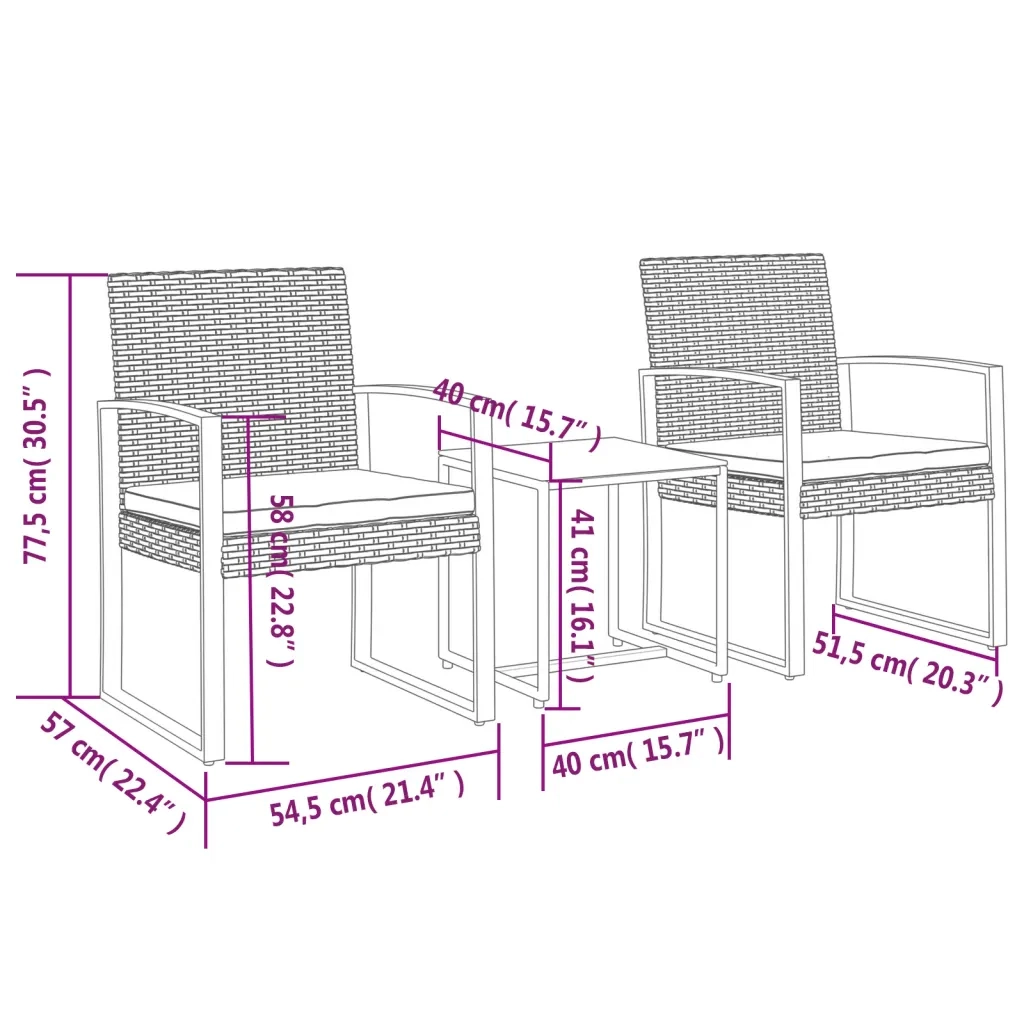 Set da Pranzo da Giardino 3 pz-Tavolo e sedie da giardino Nero con Cuscini in Rattan PP