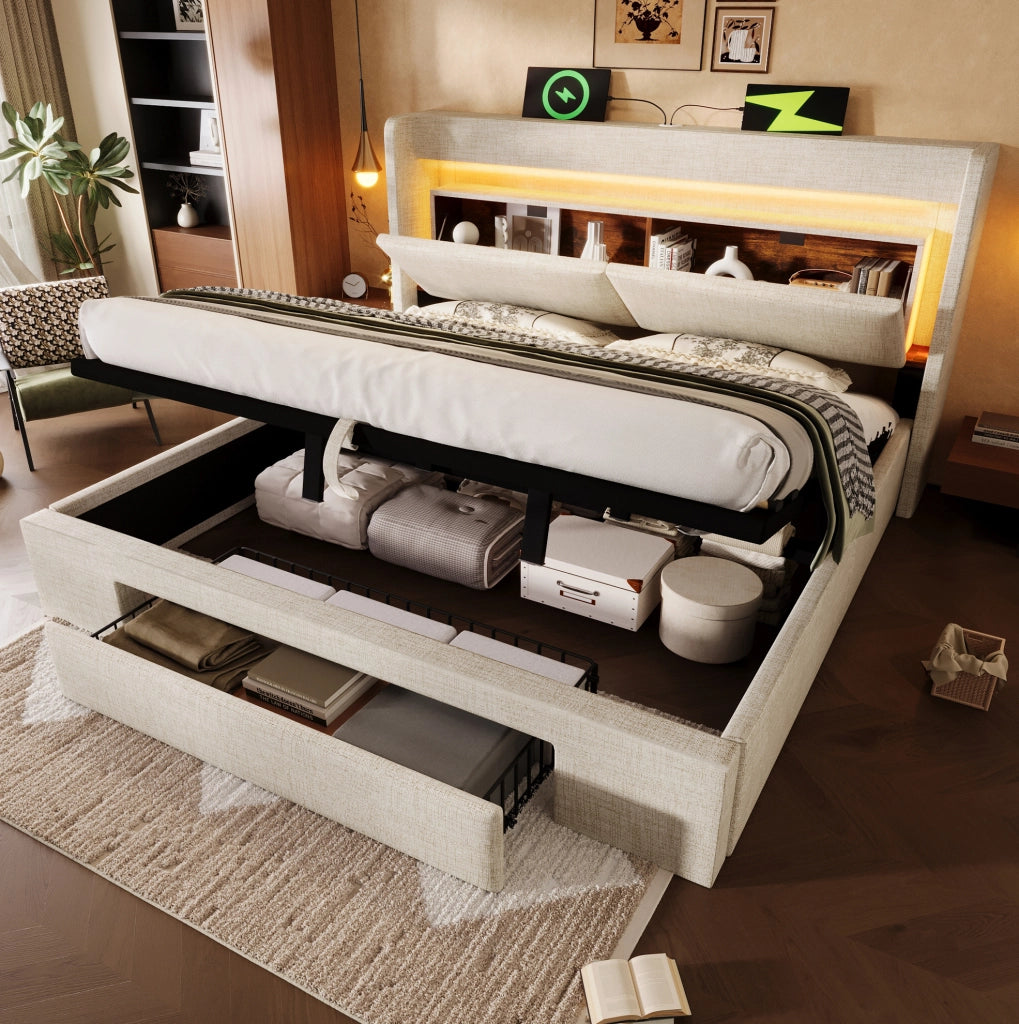 Letto imbottito con testiera attrezzata, illuminazione a LED e vano contenitore