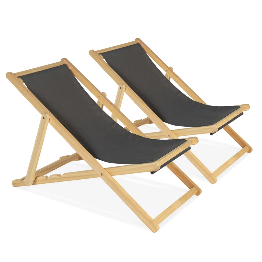 IDMarket - Set di 2 lettini pieghevoli in legno tela chilienne grigio antracite