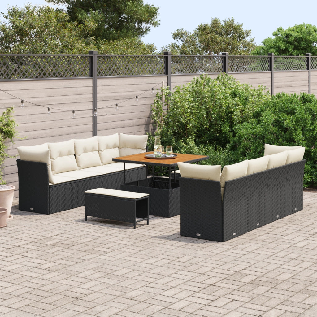 Set di Divani da Giardino  da 11 Pezzi con Cuscini Nero Polyrattan Acacia