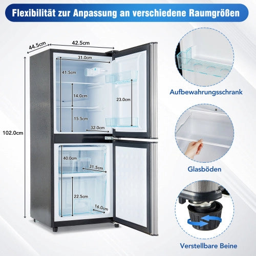 Mini frigorifero; congelatore; volume totale 106L; compartimento frigorifero da 60L; compartimento freezer da 46L; illuminazione LED; mensole regolabili; efficiente energetico; nero+argento
