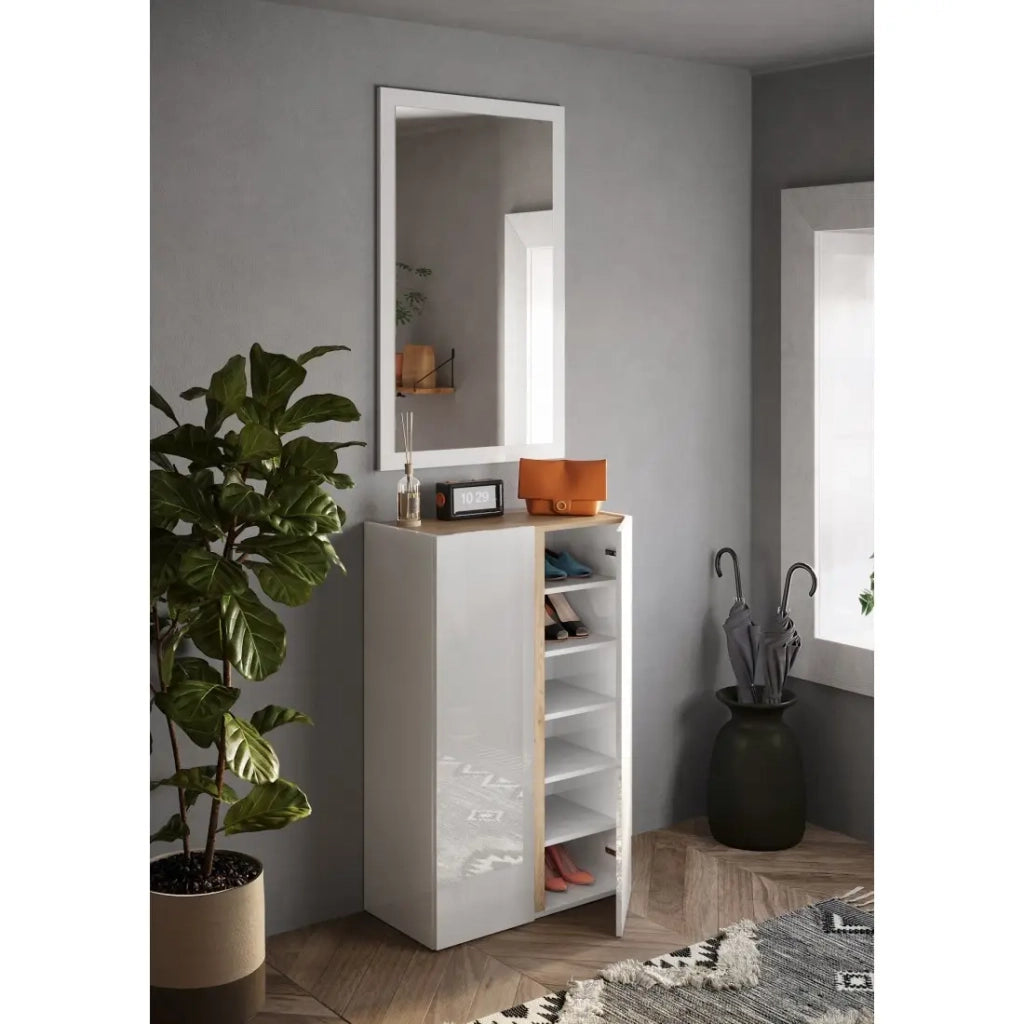Mobile contenitore con 2 ante e 5 ripiani regolabili, collezione KEY, colore bianco lucido laccato e rovere cadiz.