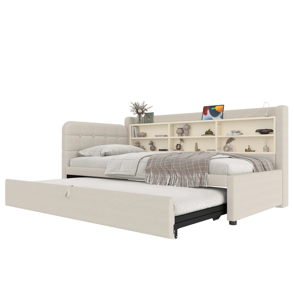 Letto Singolo Estraibile con Rete a Doghe ¨C MINIMAL ¨C Lino Beige, 90x200 cm