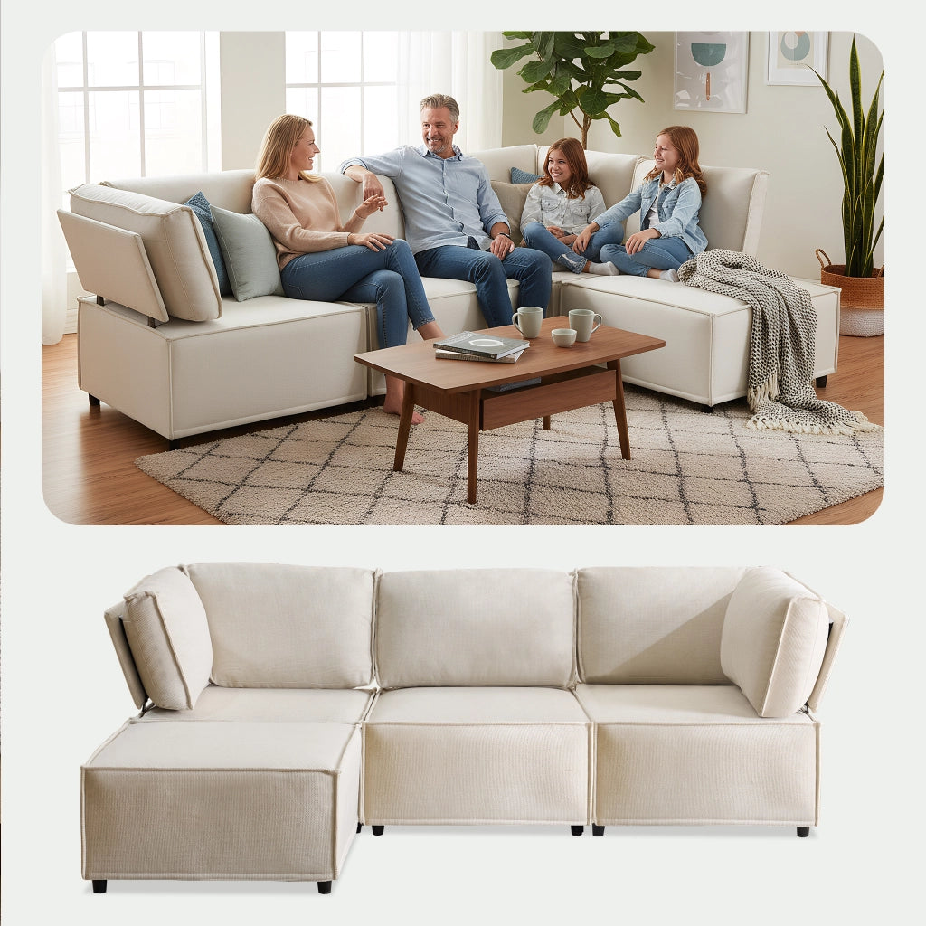 Divano modulare in legno con funzione letto e struttura flessibile in tessuto beige per soggiorno 238 × 154 × 75 cm