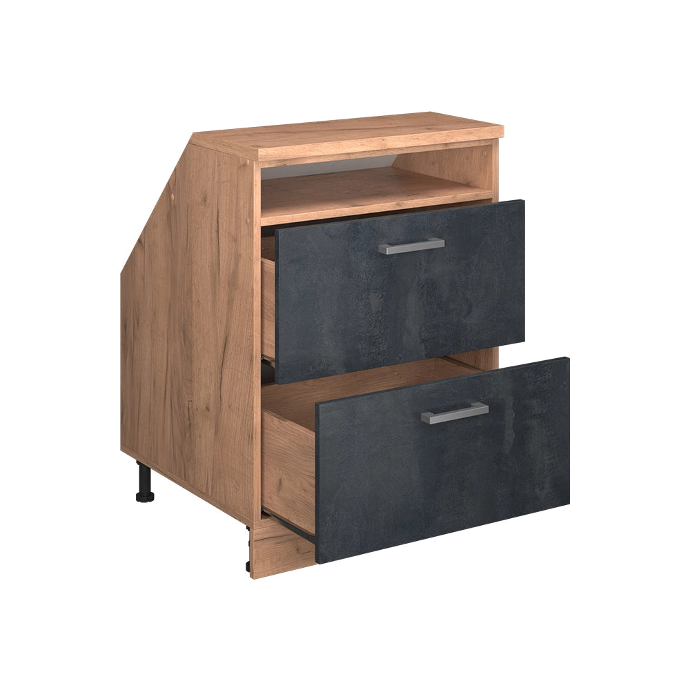 Mobile cucina sottotetto R-Line Calce nera/Rovere dorato 60 cm con 2 cassetti, carcassa 60 cm profondità Vicco