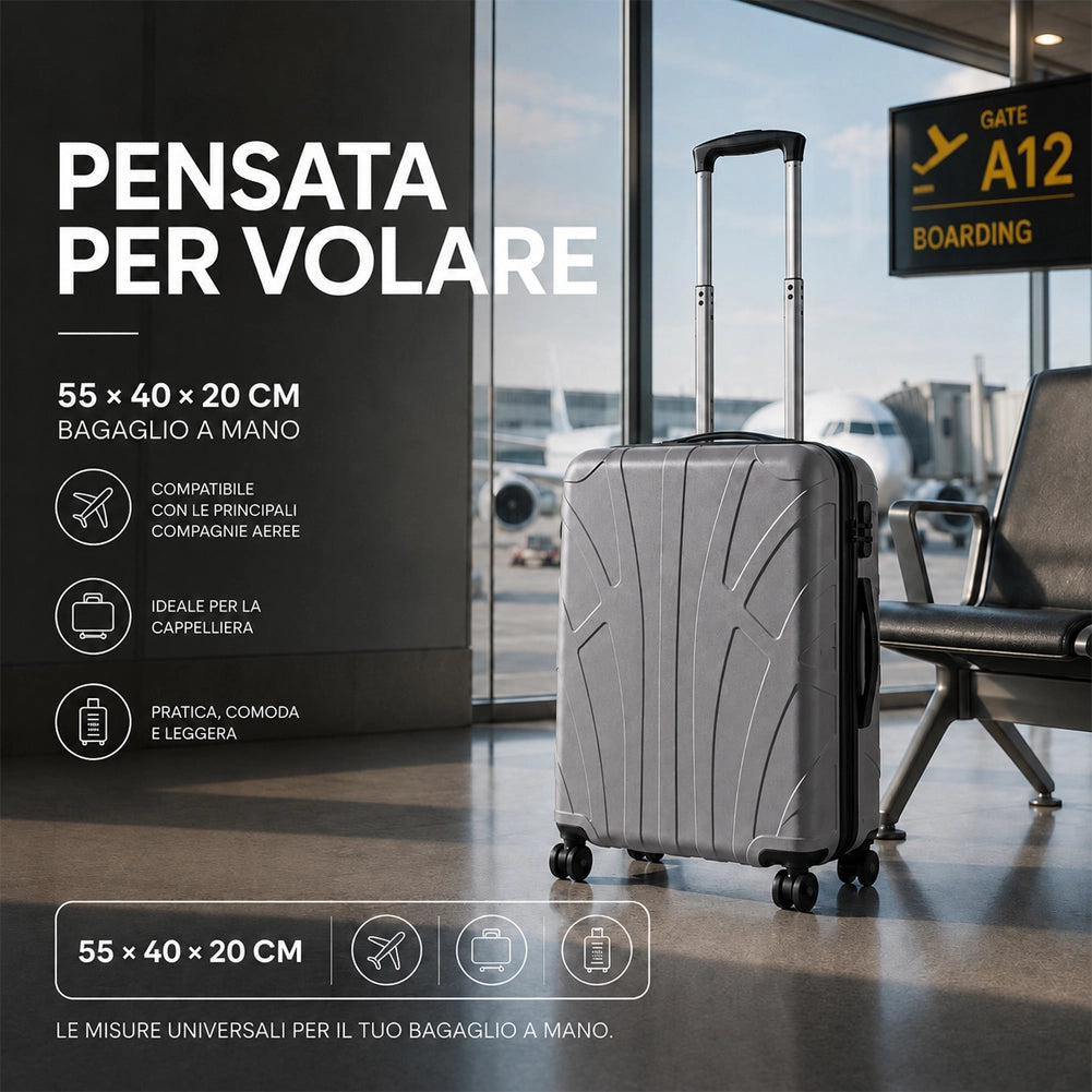 Valigia Bagaglio a Mano 55x40x20 cm Grigio Trolley Lugano Adatto Ryanair Easyjet