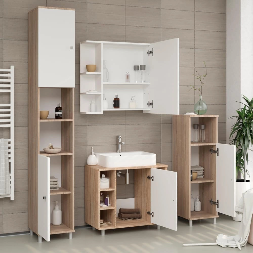 Set mobili bagno Fynn, Sonoma, 60 cm, composto da mobile sottolavabo, specchiera e mobile medio
