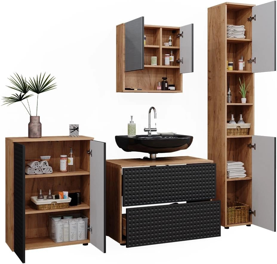 Set mobili bagno Irma, Antracite puntinato, 4 pezzi, con cassettiera e mobile midi