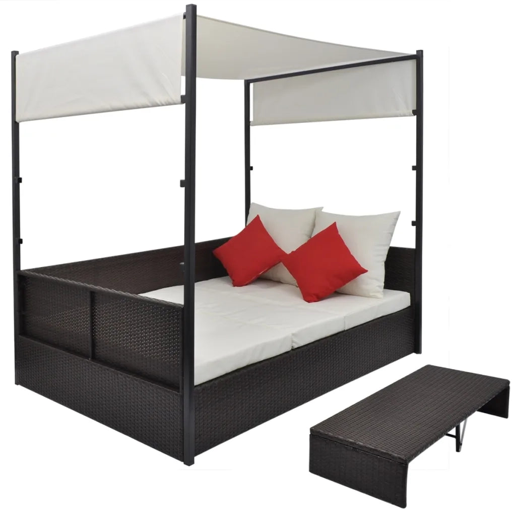 Lettino da Giardino con Tetto Marrone 190x130 cm in Polyrattan 42900