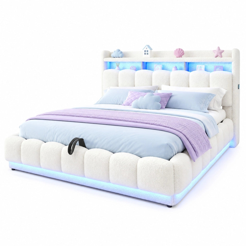 Letto imbottito 180x200 cm con contenitore idraulico, LED, USB e presa, bianco