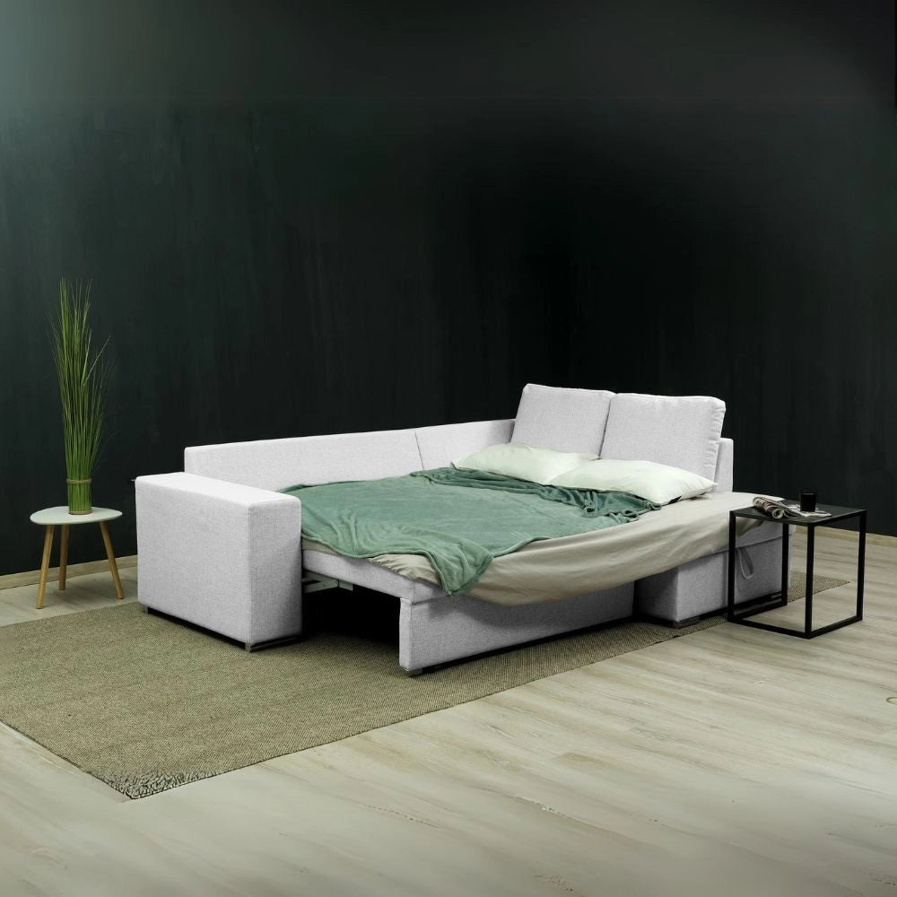 Divano letto angolare Bali con penisola contenitore in tessuto grigio chiaro 248x176x92H
