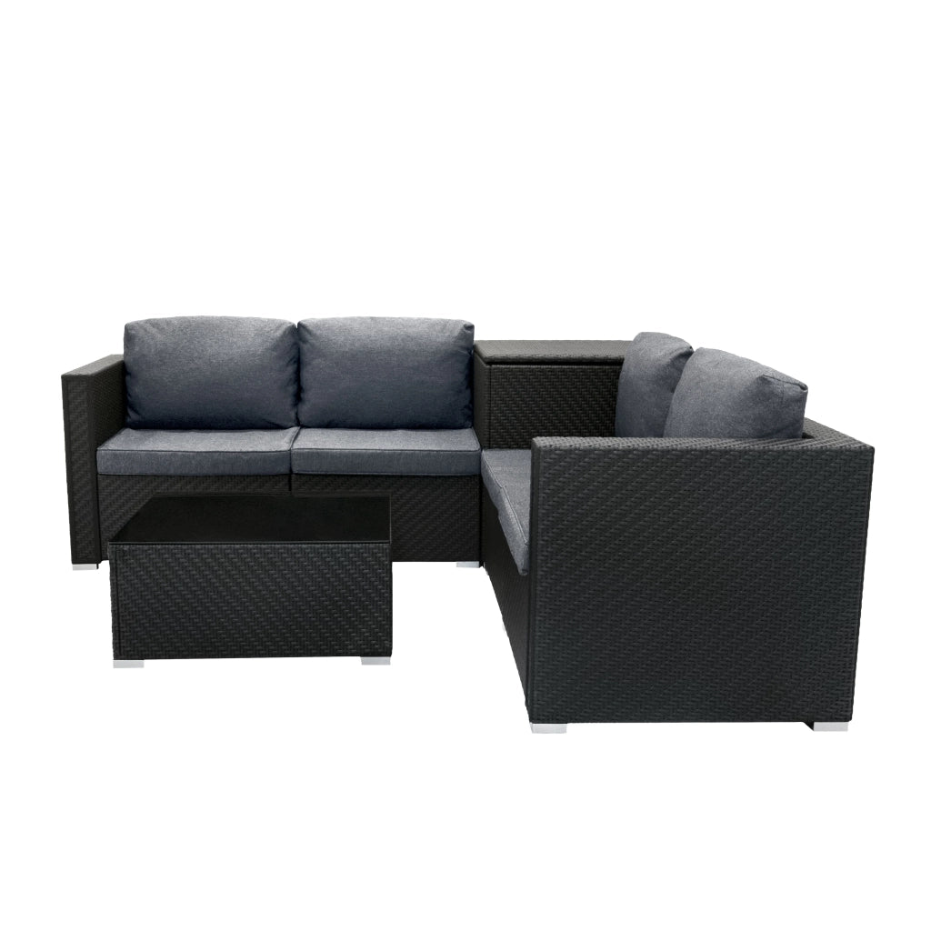 Set Rattan Nero 6 Pezzi con Tavolino e 2 Bauli Contenitori (250L + 700L)