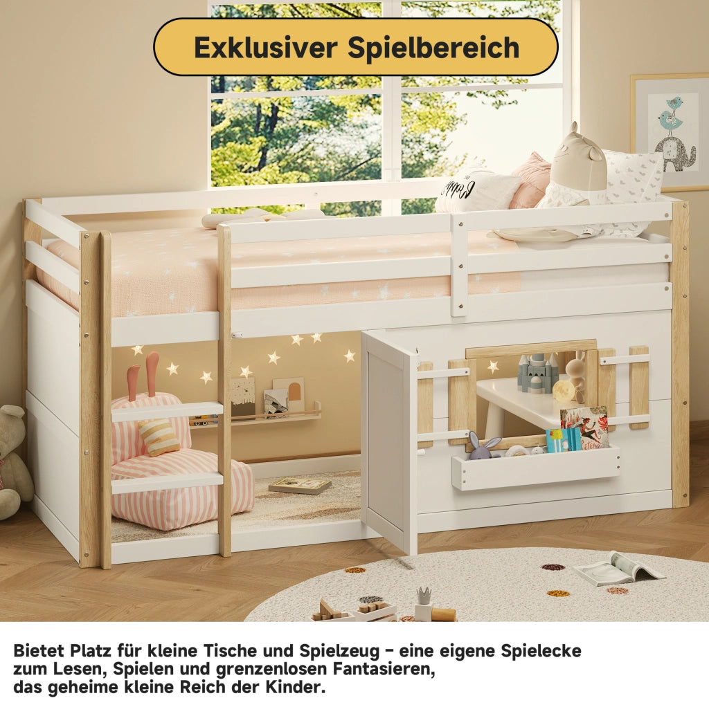 Letto a soppalco 90x200 cm bianco con area inferiore