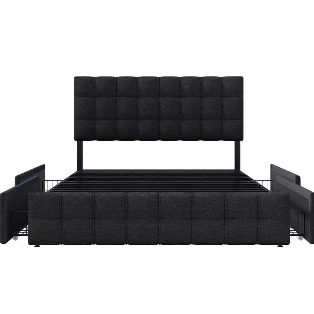 Letto imbottito 140x200 cm con 4 cassetti e testiera regolabile in lino nero