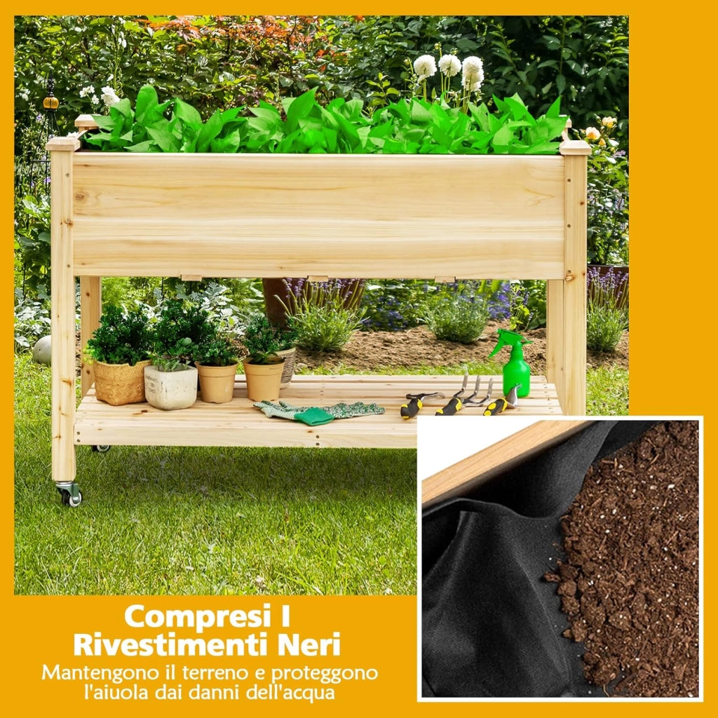 Letto da Giardino Rialzato, Fioriera da Esterno Alta con Ruote Bloccabili e Rivestimento Protettivo, Aiuola Rialzata per Orto, Fiori e Verdure da Cortile e Patio,120 x 59 x 84 cm
