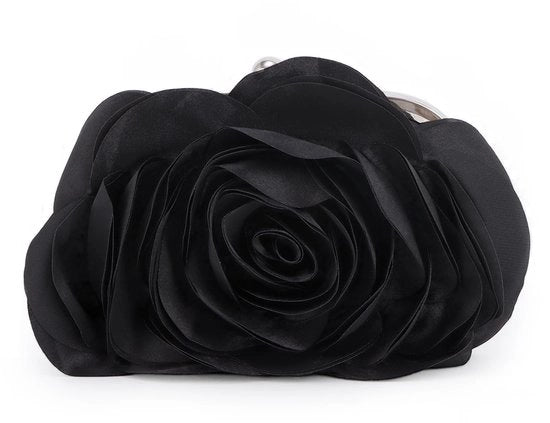Clutch elegante con disegno di rosa per signore, realizzato in seta con disegno floreale, borsa a tracolla per la sera, borsa per matrimoni e feste in nero, unico modello
