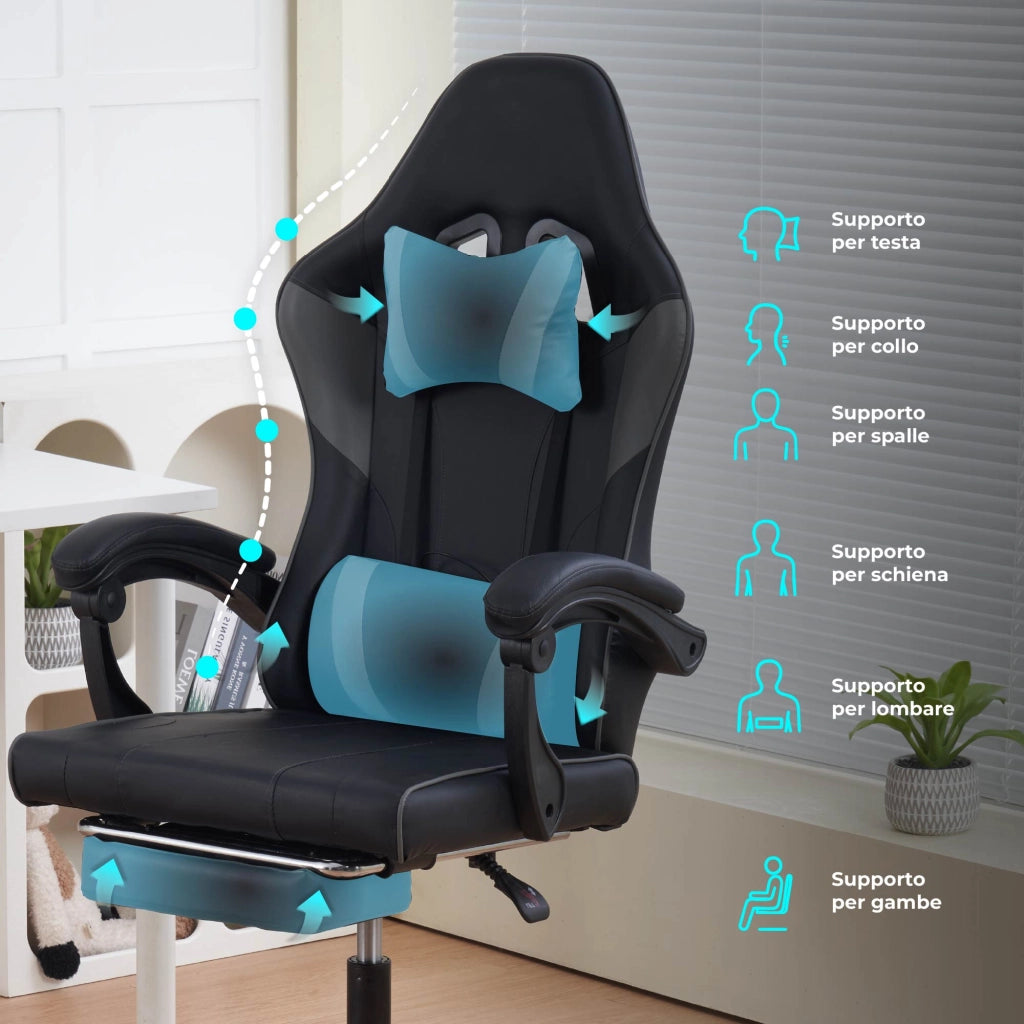 Sedia da Gaming Massaggiante,Sedia Gamer Con Poggiapiedi Telescopico,Reclinabile 90-135°,Poltrona da Gaming con Poggiatesta  Cuscino Lombare,Sedie Da Ufficio,Portata 150kg Grigio