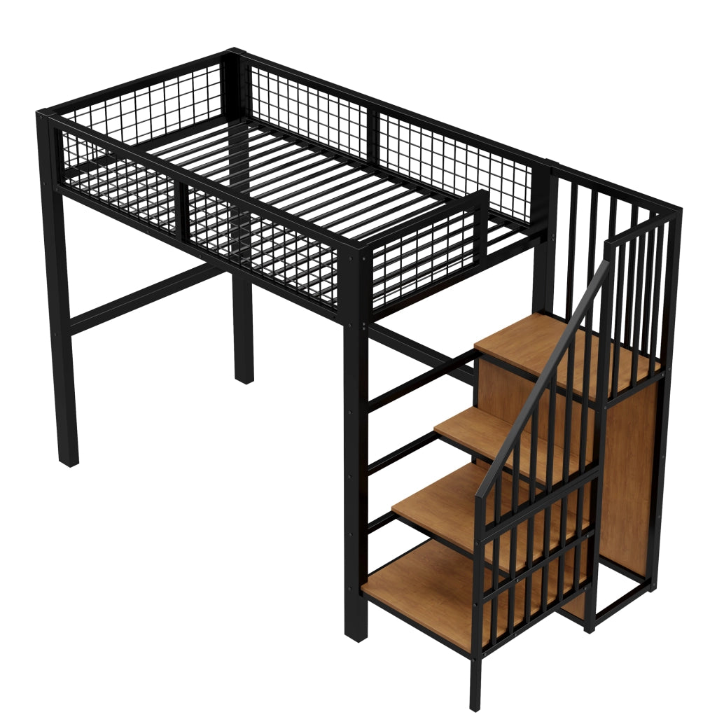 OKWISH Letto a Soppalco 90×200 cm, Letto Singolo con Scala, Mensole e Armadio, senza Materasso, in Metallo, Nero