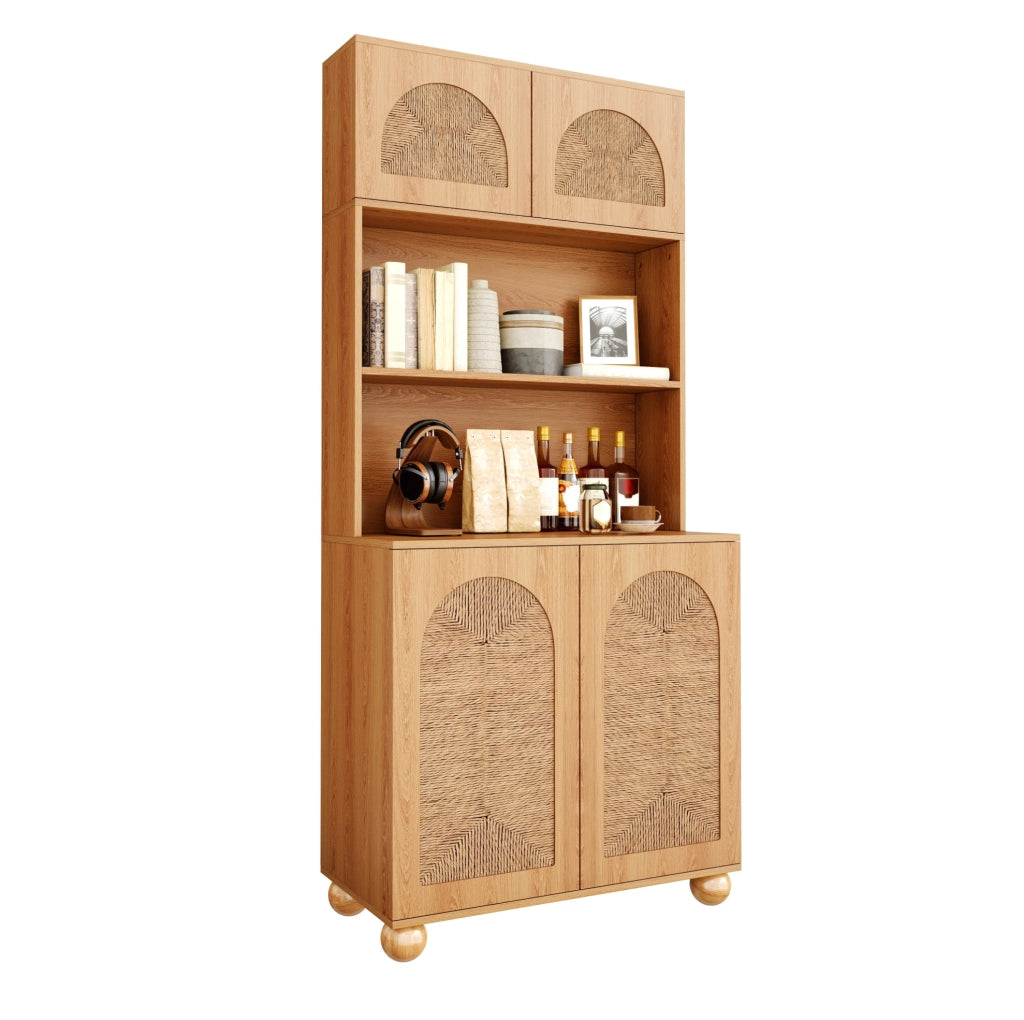 Credenza alta con vani aperti e porte intrecciate; 80x40x180 cm; MDF e truciolare; naturale