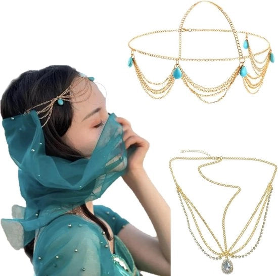 Collana principale a catena multi strati con motivi bohemien in oro e turquoise.