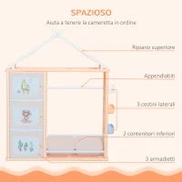 Armadio Cameretta, Mobile Portagiochi con Contenitori e Appendiabiti in PE Arancione, 128x34x155cm
