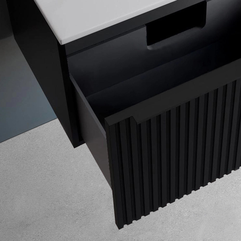 Mobile bagno sospeso 80 cm nero opaco cannettato con cassetto e lavabo Nara
