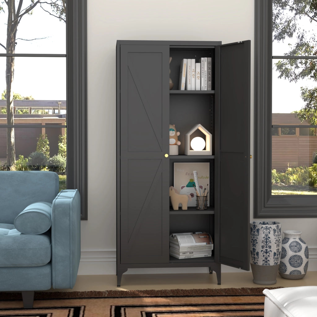 ARMADIO CONTENITORE 2 ANTE 174,5x42,0x14,0 cm Metallo Nero con ripiani regolabili