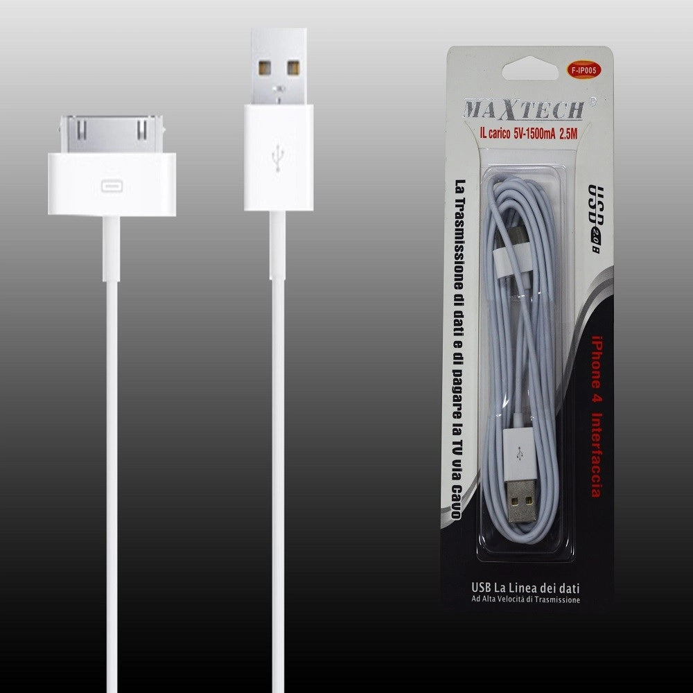 Trade Shop - Cavo Lightning Apple Iphone 4 Da 30 Pin A Usb 5v-1500ma 2.5mt Maxtech F-ip005 -
