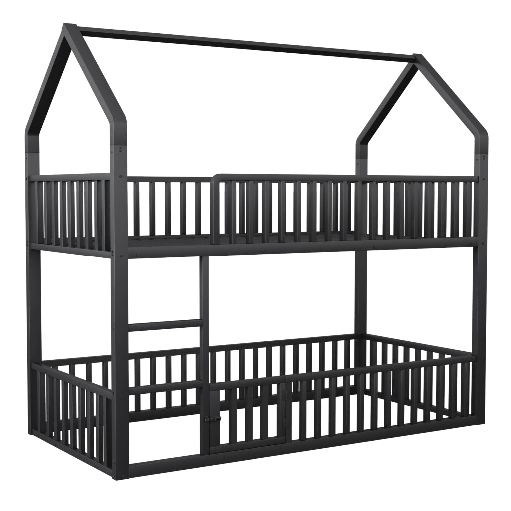 Letto a Castello 90x200 cm con Scala Frontale e Porta Apribile in Metallo Nero