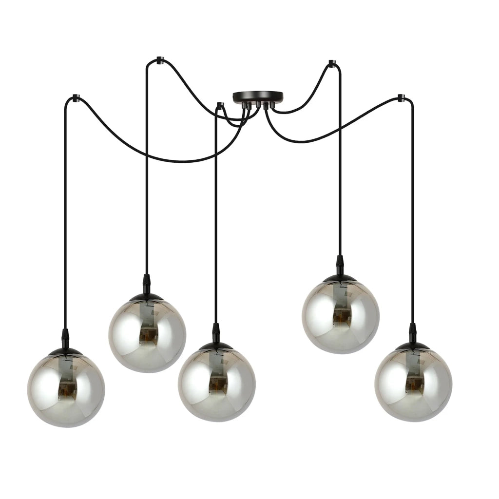 Lampadario 5 Luci Ginevra In Acciaio Nero Con Cavo Lungo E Vetri Fumè