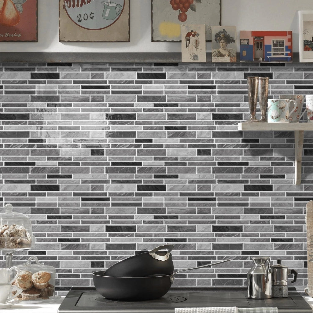 12 fogli di piastrelle autoadesive da 30,5 x 30,5 cm, per cucina, paraschizzi, in vinile, per cucina, paraschizzi, bagno, lavanderia (nero e grigio)