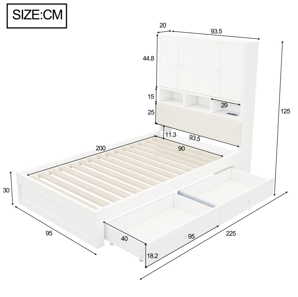 Letto singolo multifunzionale in legno 90 x 200 cm bianco