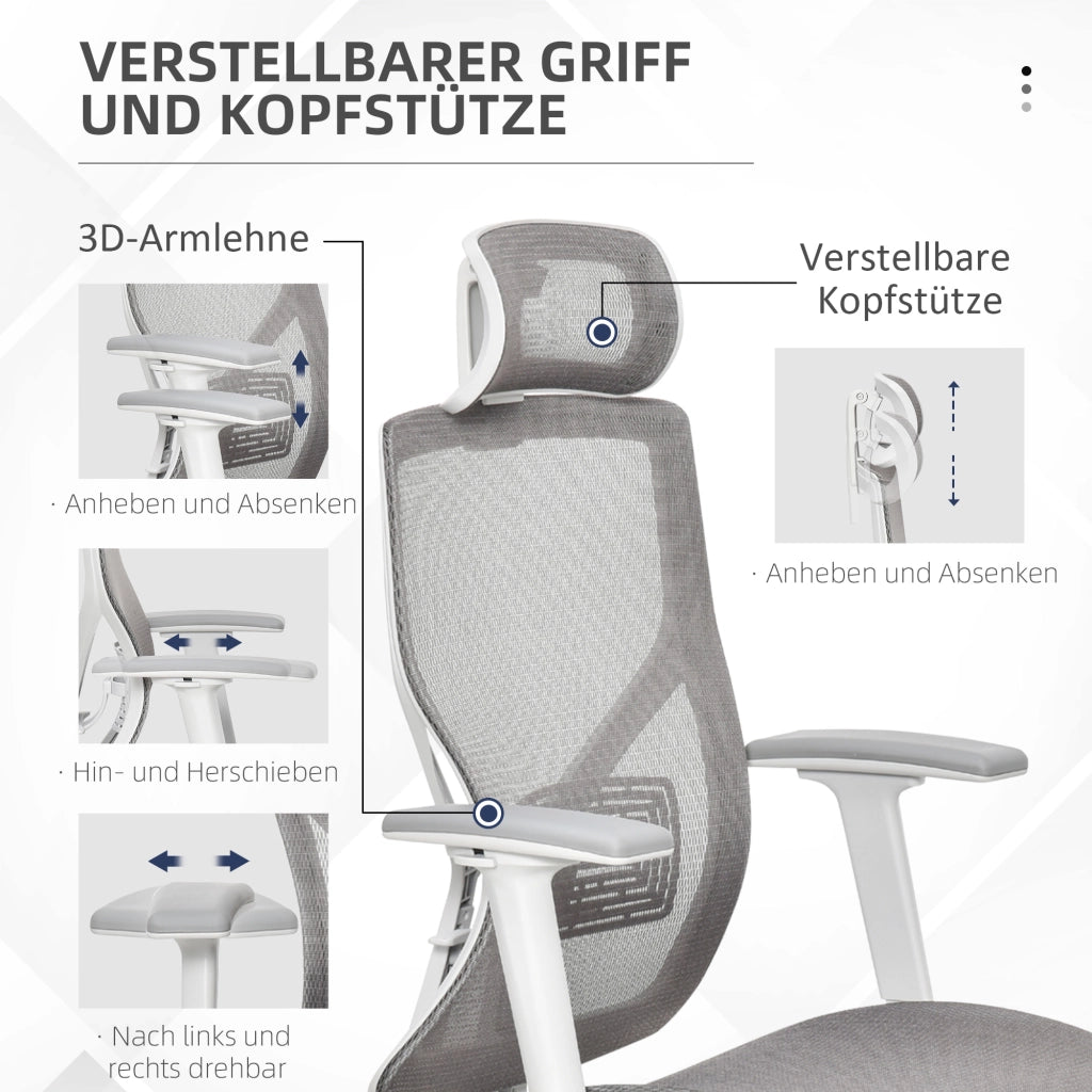 Sedia da ufficio ergonomica con poggiatesta e schienale reclinabile a 3 posizioni in schiuma grigia 67 × 65 × 120-128 cm