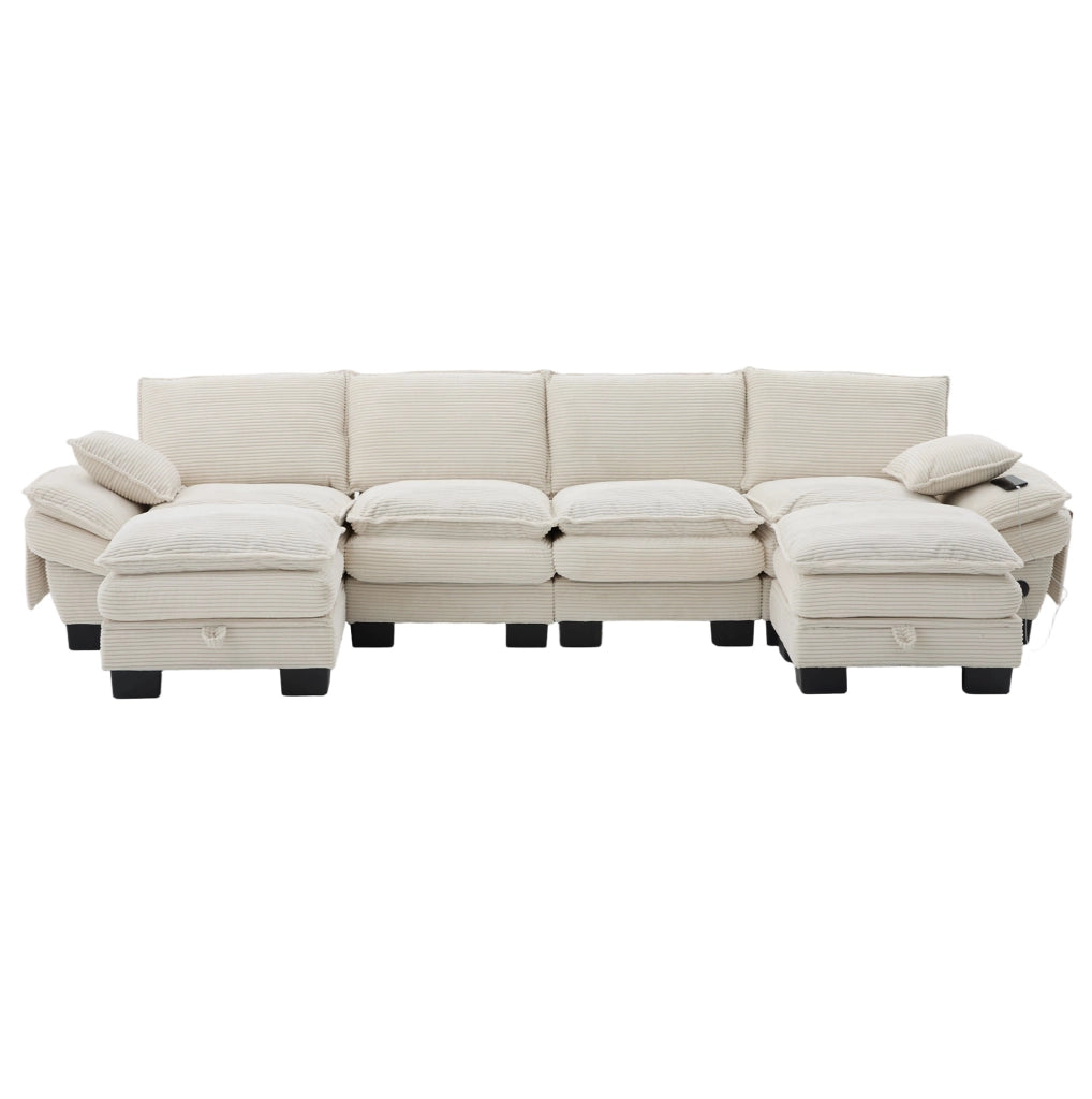 Divano modulare 4 posti con 2 pouf; USB-C e tasche laterali; 330x132x84 cm; velluto a coste beige