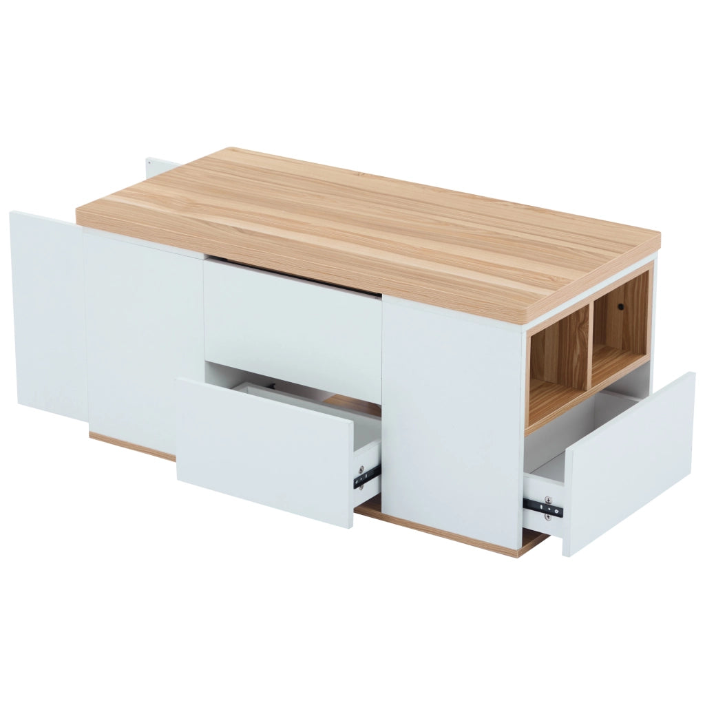 Tavolino da caffè 100x51x47 cm; piano sollevabile 2 in 1 con 2 cassetti; truciolare bianco e colore naturale