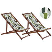Set di 2 sedie a sdraio da giardino con struttura in legno di acacia scuro con motivo floreale in tessuto amaca sedile reclinabile